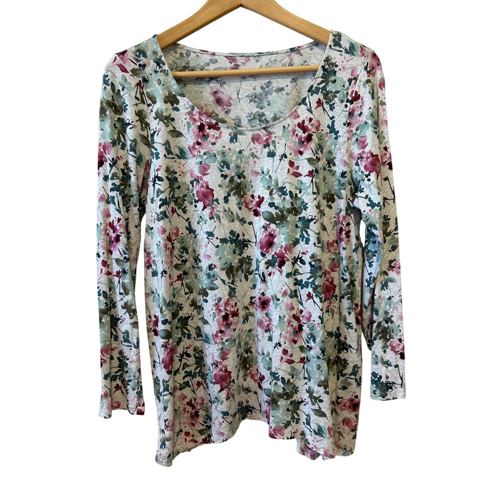 J. Jill Pure Jill‎ Womens Top Size M Petite Floral Dipped Hem A-Line Long Sleeve
